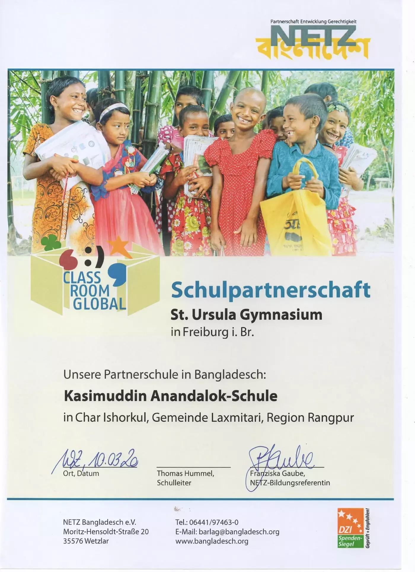 Unsere Partnerschule beteiligt sich wie wir an einer Aktion gegen die weltweite Armut